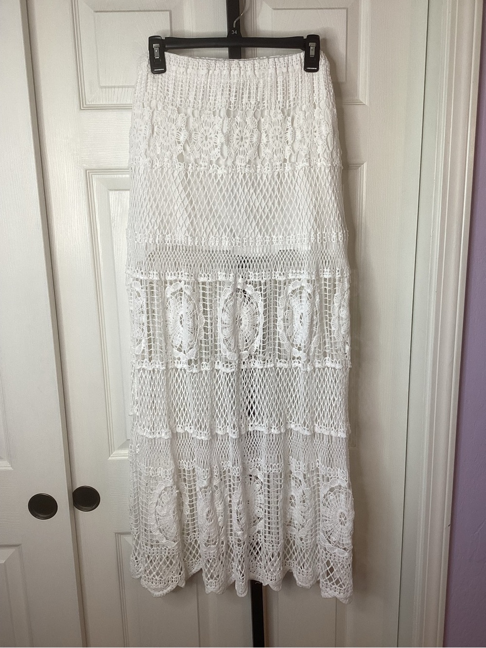 POL White Crochet Maxi Skirt with Lace Panels, One Size